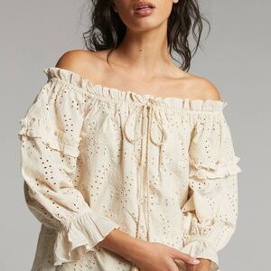 Anthropologie Jane Eyelet Lace Off the‎ Shoulder ivory Blouse / Top 100% Cotton